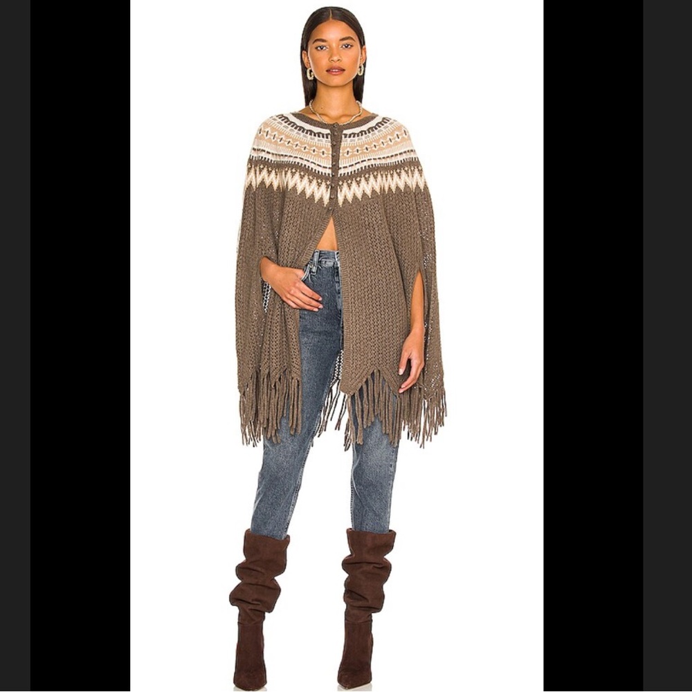 AUTUMN CASHMERE Fair Isle Pointelle Fringe Poncho - Picture 5 of 5